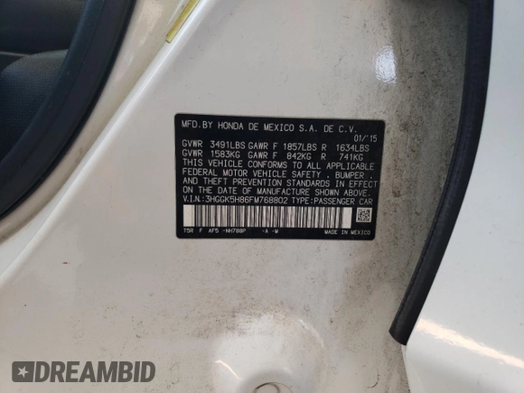 2015 Honda Fit EX-L с VIN 3HGGK5H86FM768802, выставлен на аукционе Copart как лот 58940725 с пробегом Не указан миль и Списание • Salvage title. История ставок и продаж доступна на DreamBid. Изображение 12.