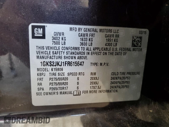 2015 GMC Yukon XL Denali with VIN 1GKS2JKJ1FR615647, listed as a Copart auction lot 67737263 with 183,728 mi miles and Salvage Title. Bid and sale history available at carsss.com. Image 13.