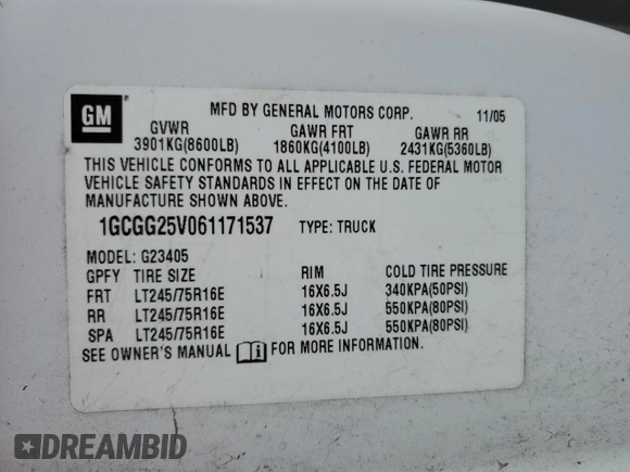 2006 Chevrolet Express Cargo Van with VIN 1GCGG25V061171537, listed as a Copart auction lot 44305285 with 98,495 mi miles and Salvage Title. Bid and sale history available at carsss.com. Image 15.