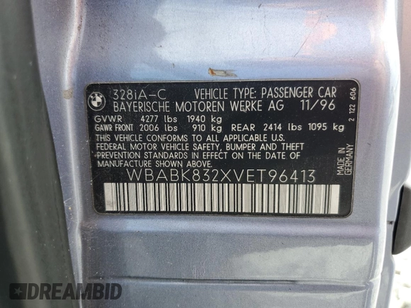 1997 BMW 3-Series 328IC with VIN WBABK832XVET96413, listed as a Copart auction lot 47806025 with 66,051 mi miles and Salvage Title. Bid and sale history available at carsss.com. Image 13.
