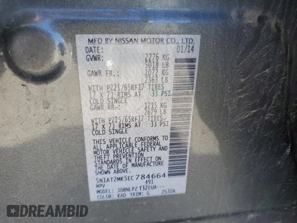2014 Nissan Rogue S z VIN 5N1AT2MK5EC784664, wystawiony jako Copart lot #51987065 z przebiegiem 100 339 mil mil oraz Szkoda całkowita • Salvage title. Historia ofert i sprzedaży dostępna na DreamBid. Obrazek 16.
