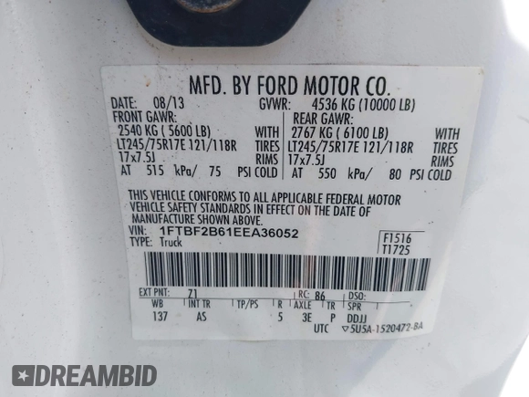 2014 Ford F-250 XL with VIN 1FTBF2B61EEA36052, listed as a IAAI auction lot 41936441 with 65,916 mi miles and . Bid and sale history available at DreamBid. Image 9.