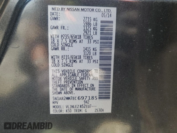 2014 Nissan Pathfinder S with VIN 5N1AR2MM7EC697185, listed as a Copart auction lot 63711745 with 137,153 mi miles and Clean title. Bid and sale history available at DreamBid. Image 13.