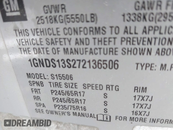 2007 Chevrolet TrailBlazer LS with VIN 1GNDS13S272136506, listed as a IAAI auction lot 42203854 with 362,565 mi miles and . Bid and sale history available at DreamBid. Image 9.