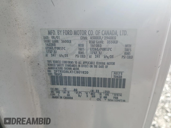 2001 Ford F-150 XL z VIN 2FTRX08LX1CB01820, wystawiony jako Copart lot #48785635 z przebiegiem 334 615 mil mil oraz Szkoda całkowita • Salvage title. Historia ofert i sprzedaży dostępna na DreamBid. Obrazek 12.
