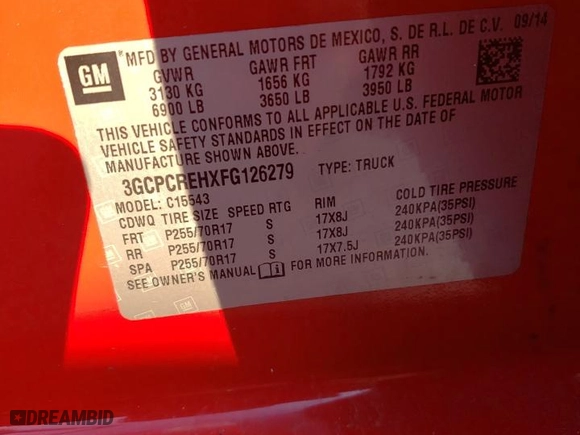 2015 Chevrolet Silverado 1500 LT with VIN 3GCPCREHXFG126279, listed as a Copart auction lot 46595285 with 245,752 mi miles and Salvage Title. Bid and sale history available at carsss.com. Image 12.