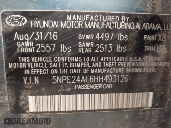 2017 Hyundai Sonata 2.4L with VIN 5NPE24AF6HH493126, listed as a IAAI auction lot 41389234 with 158,045 mi miles and . Bid and sale history available at DreamBid. Image 9.