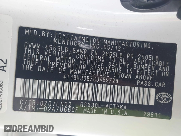 2012 Toyota Avalon with VIN 4T1BK3DB7CU459728, listed as a IAAI auction lot 41739918 with 82,762 mi miles and . Bid and sale history available at DreamBid. Image 9.