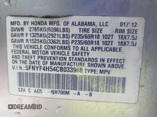 2012 Honda Pilot EX-L with VIN 5FNYF4H54CB033968, listed as a IAAI auction lot 41829628 with 265,486 mi miles and . Bid and sale history available at DreamBid. Image 9.