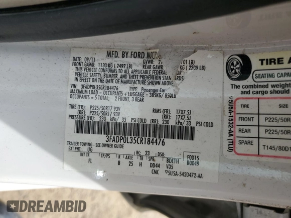 2012 Ford Fusion Hybrid с VIN 3FADP0L35CR184476, выставлен на аукционе Copart как лот 63907885 с пробегом 230 589 миль миль и Списание • Salvage title. История ставок и продаж доступна на DreamBid. Изображение 13.