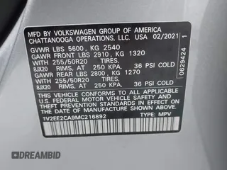 2021 Volkswagen Atlas SEL с VIN 1V2EE2CA9MC216892, выставлен на аукционе IAAI как лот 39943648 с пробегом 54 920 миль миль и . История ставок и продаж доступна на DreamBid. Изображение 9.
