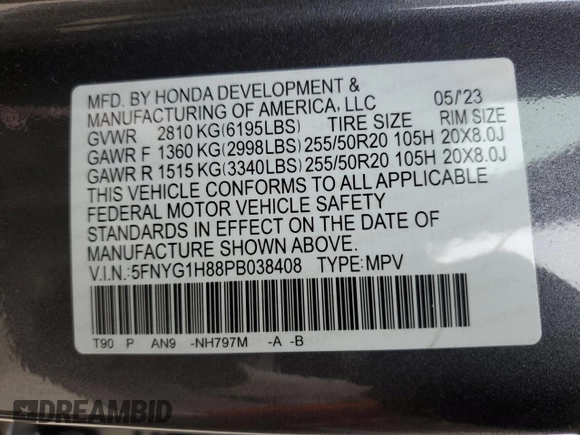 2023 Honda Pilot Elite with VIN 5FNYG1H88PB038408, listed as a Copart auction lot 72226334 with 0 mi miles and Salvage Title. Bid and sale history available at carsss.com. Image 16.