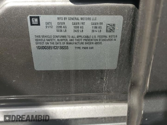 2012 Cadillac CTS Luxury z VIN 1G6DG5E51C0138233, wystawiony jako Copart lot #51972045 z przebiegiem 165 021 mil mil oraz Szkoda całkowita • Salvage title. Historia ofert i sprzedaży dostępna na DreamBid. Obrazek 14.