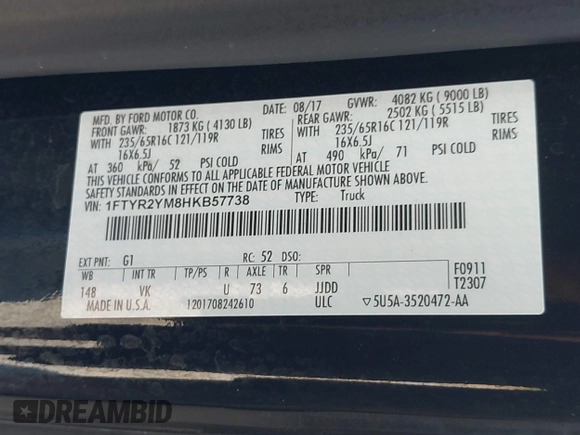2017 Ford Transit с VIN 1FTYR2YM8HKB57738, выставлен на аукционе IAAI как лот 42562076 с пробегом 98 467 миль миль и . История ставок и продаж доступна на DreamBid. Изображение 9.