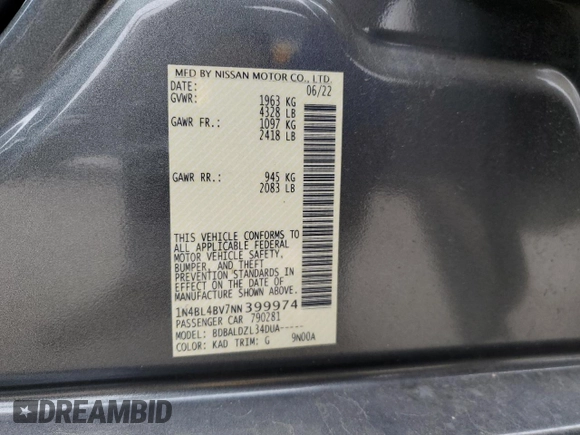 2022 Nissan Altima 2.5 S with VIN 1N4BL4BV7NN399974, listed as a Copart auction lot 48540365 with 43,735 mi miles and Salvage Title. Bid and sale history available at carsss.com. Image 14.