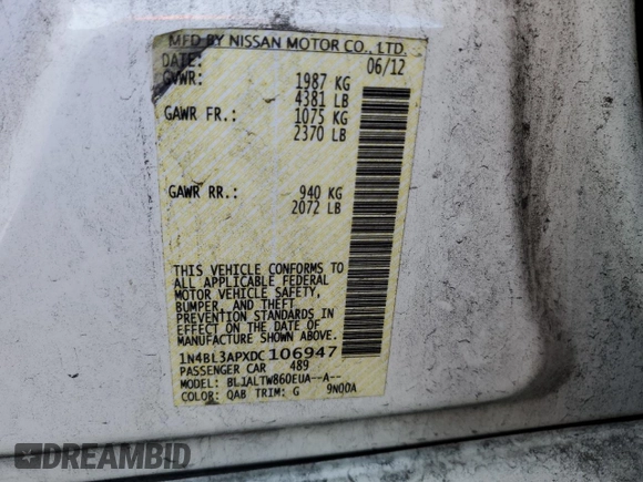 2013 Nissan Altima SL with VIN 1N4BL3APXDC106947, listed as a Copart auction lot 86130004 with 142,210 mi miles and Salvage title. Bid and sale history available at DreamBid. Image 12.