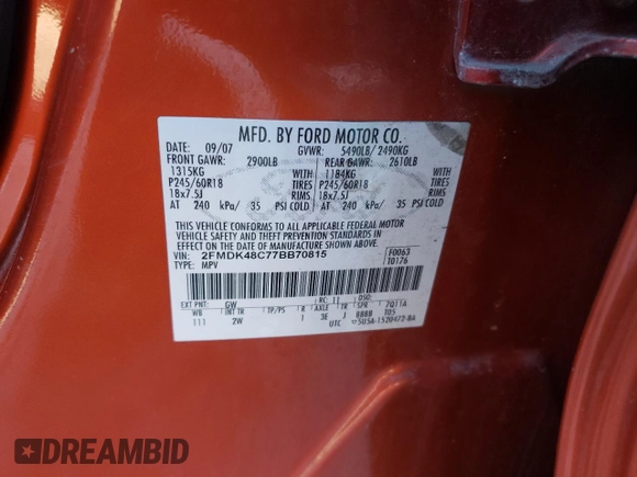 2007 Ford Edge SEL with VIN 2FMDK48C77BB70815, listed as a Copart auction lot 82177234 with 0 mi miles and Clean Title. Bid and sale history available at carsss.com. Image 13.