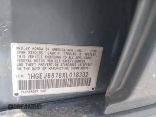 1999 Honda Civic LX z VIN 1HGEJ6678XL018332, wystawiony jako IAAI lot #42413697 z przebiegiem 196 167 mil mil oraz . Historia ofert i sprzedaży dostępna na DreamBid. Obrazek 9.