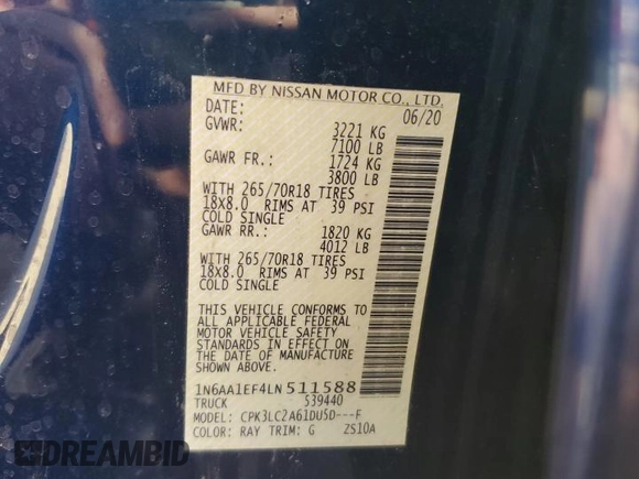 2020 Nissan Titan Platinum Reserve with VIN 1N6AA1EF4LN511588, listed as a Copart auction lot 73942854 with 40,899 mi miles and Salvage title. Bid and sale history available at DreamBid. Image 12.