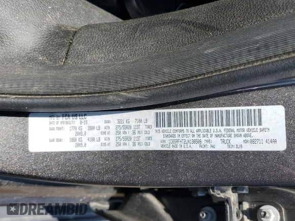 2020 Ram 1500 Limited with VIN 1C6SRFHT2LN138508, listed as a Copart auction lot 59583025 with 101,956 mi miles and Salvage title. Bid and sale history available at DreamBid. Image 12.