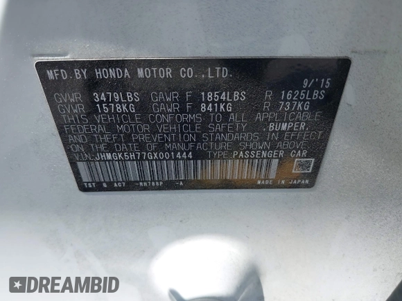 2016 Honda Fit EX with VIN JHMGK5H77GX001444, listed as a IAAI auction lot 42583633 with 116,747 mi miles and . Bid and sale history available at DreamBid. Image 9.