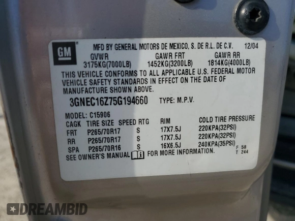 2005 Chevrolet Suburban LS with VIN 3GNEC16Z75G194660, listed as a Copart auction lot 42933415 with 280,030 mi miles and Salvage title. Bid and sale history available at DreamBid. Image 15.