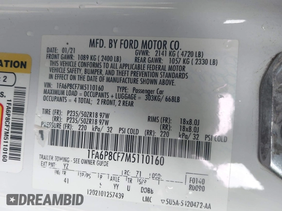2021 Ford Mustang GT z VIN 1FA6P8CF7M5110160, wystawiony jako IAAI lot #41885188 z przebiegiem 75 799 mil mil oraz . Historia ofert i sprzedaży dostępna na DreamBid. Obrazek 9.