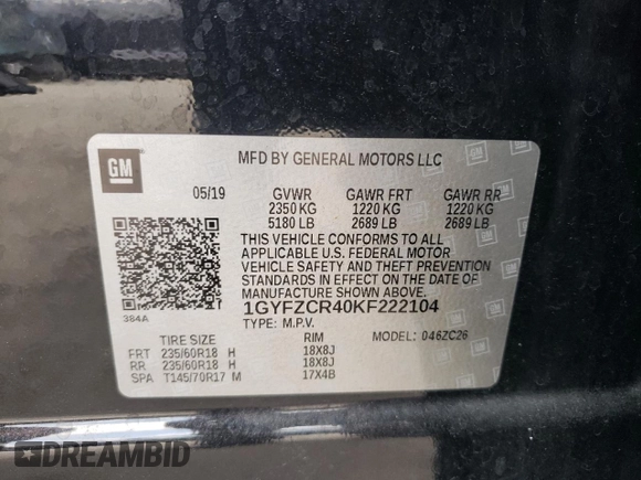 2019 Cadillac XT4 FWD Premium Luxury with VIN 1GYFZCR40KF222104, listed as a Copart auction lot 43570333 with 38,281 mi miles. Bid and sale history available at carsss.com. Image 15.