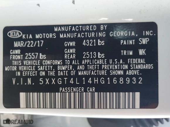 2017 Kia Optima LX 1.6T with VIN 5XXGT4L14HG168932, listed as a Copart auction lot 85735284 with 98,397 mi miles and Salvage Title. Bid and sale history available at carsss.com. Image 12.