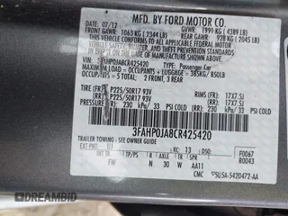 2012 Ford Fusion SEL with VIN 3FAHP0JA8CR425420, listed as a IAAI auction lot 41952627 with 115,421 mi miles. Bid and sale history available at carsss.com. Image 9.
