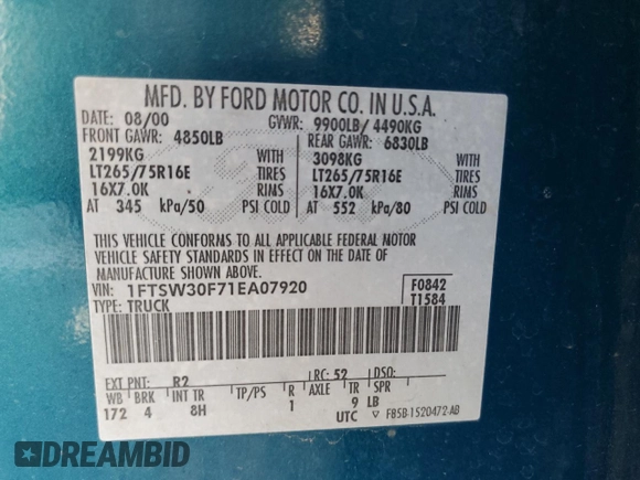 2001 Ford F-350 XL with VIN 1FTSW30F71EA07920, listed as a Copart auction lot 44746375 with 308,007 mi miles and Clean Title. Bid and sale history available at DreamBid. Image 13.