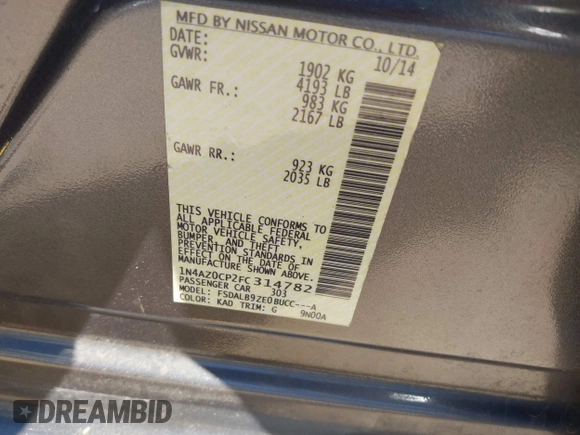 2015 Nissan LEAF SV with VIN 1N4AZ0CP2FC314782, listed as a IAAI auction lot 41786599 with 84,583 mi miles and . Bid and sale history available at DreamBid. Image 9.