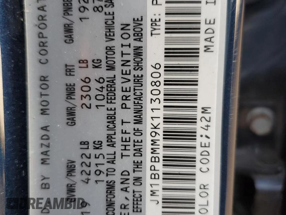 2019 Mazda Mazda3 Hatchback w/Preferred Pkg with VIN JM1BPBMM9K1130806, listed as a Copart auction lot 78083434 with 37,876 mi miles and Salvage Title. Bid and sale history available at carsss.com. Image 14.