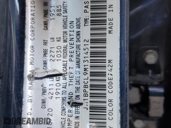 2021 Mazda 3 Preferred with VIN JM1BPBCL9M1314512, listed as a Copart auction lot 73878494 with Not Provided miles and Non Repairable. Bid and sale history available at DreamBid. Image 13.