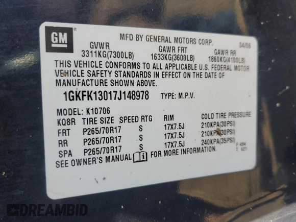 2007 GMC Yukon SLE with VIN 1GKFK13017J148978, listed as a Copart auction lot 89213835 with 192,769 mi miles and Salvage Title. Bid and sale history available at carsss.com. Image 16.