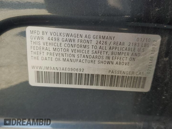 2010 Volkswagen Passat with VIN WVWJM9AN3AE090692, listed as a Copart auction lot 63631585 with 162,379 mi miles and Salvage title. Bid and sale history available at DreamBid. Image 12.