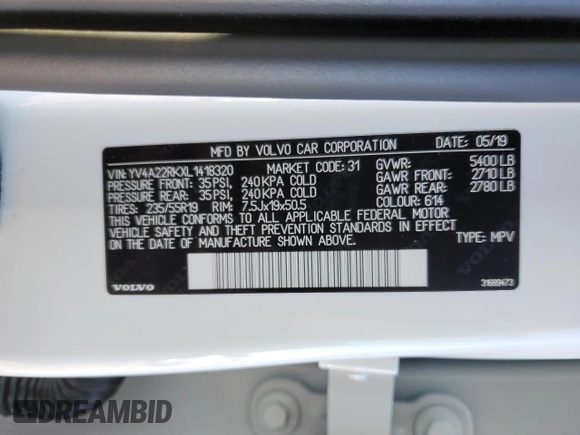 2020 Volvo XC60 Momentum with VIN YV4A22RKXL1418320, listed as a Copart auction lot 87628265 with 53,162 mi miles and Salvage title. Bid and sale history available at DreamBid. Image 14.