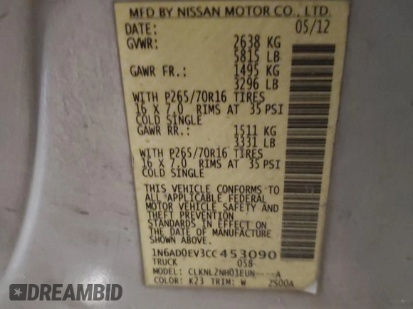 2012 Nissan Frontier Pro-4X with VIN 1N6AD0EV3CC453090, listed as a Copart auction lot 42426465 with 103,156 mi miles and Salvage title. Bid and sale history available at DreamBid. Image 12.