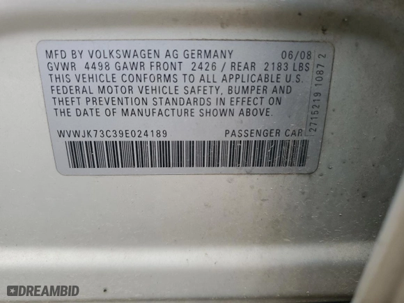 2009 Volkswagen Passat Sedan Komfort with VIN WVWJK73C39E024189, listed as a Copart auction lot 48252385 with 0 mi miles and Salvage Title. Bid and sale history available at carsss.com. Image 12.