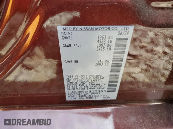 2025 Nissan Altima SV with VIN 1N4BL4DV9SN310365, listed as a Copart auction lot 52677915 with 12,080 mi miles and Salvage Title. Bid and sale history available at carsss.com. Image 12.