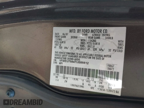 2007 Ford Explorer Limited с VIN 1FMEU75847UB86612, выставлен на аукционе IAAI как лот 42493791 с пробегом 130 082 миль миль и . История ставок и продаж доступна на DreamBid. Изображение 9.