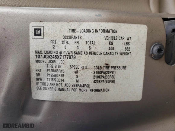 1999 Chevrolet Cavalier with VIN 1G1JC5246X7177879, listed as a Copart auction lot 47732675 with 174,716 mi miles and Clean Title. Bid and sale history available at carsss.com. Image 12.