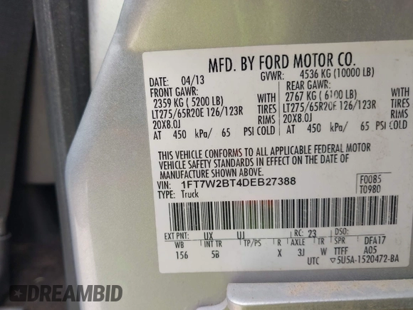 2013 Ford F-250 XL z VIN 1FT7W2BT4DEB27388, wystawiony jako IAAI lot #42244172 z przebiegiem 264 075 mil mil oraz . Historia ofert i sprzedaży dostępna na DreamBid. Obrazek 9.