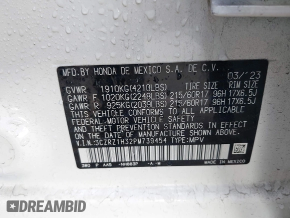2023 Honda HR-V LX with VIN 3CZRZ1H32PM739454, listed as a IAAI auction lot 41444520 with 16,696 mi miles and . Bid and sale history available at DreamBid. Image 9.