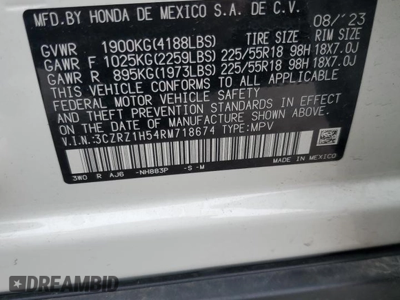 2024 Honda HR-V Sport с VIN 3CZRZ1H54RM718674, выставлен на аукционе Copart как лот 61206015 с пробегом 9 554 миль миль и Списание • Salvage title. История ставок и продаж доступна на DreamBid. Изображение 13.