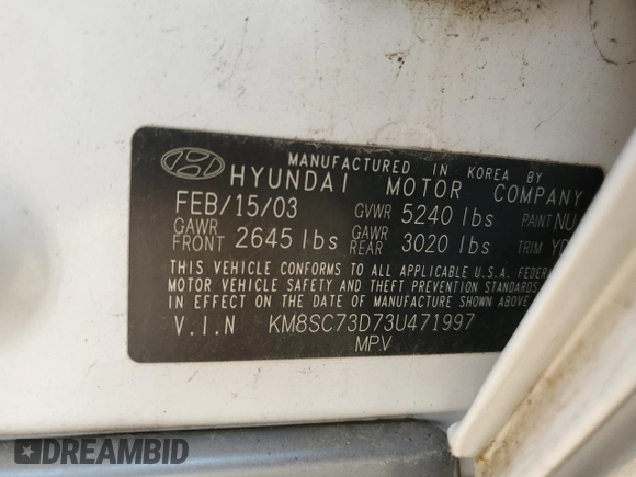 2003 Hyundai Santa Fe GLS with VIN KM8SC73D73U471997, listed as a Copart auction lot 71192494 with 102,923 mi miles and Salvage Title. Bid and sale history available at carsss.com. Image 13.