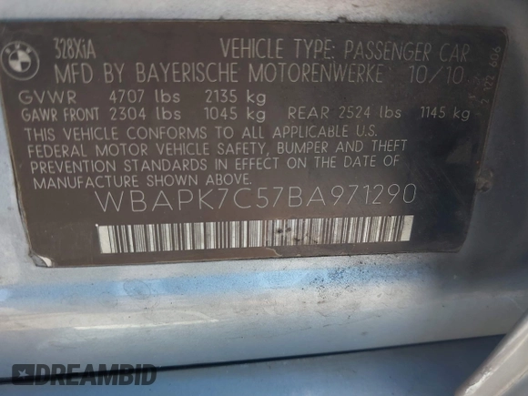 2011 BMW 3 Series 328i xDrive with VIN WBAPK7C57BA971290, listed as a IAAI auction lot 42559588 with 157,477 mi miles and . Bid and sale history available at DreamBid. Image 9.