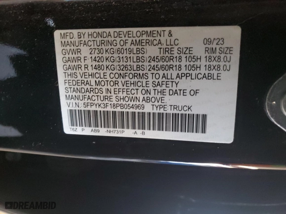 2023 Honda Ridgeline Sport with VIN 5FPYK3F18PB054969, listed as a Copart auction lot 41437045 with 11,478 mi miles and Salvage Title. Bid and sale history available at carsss.com. Image 14.
