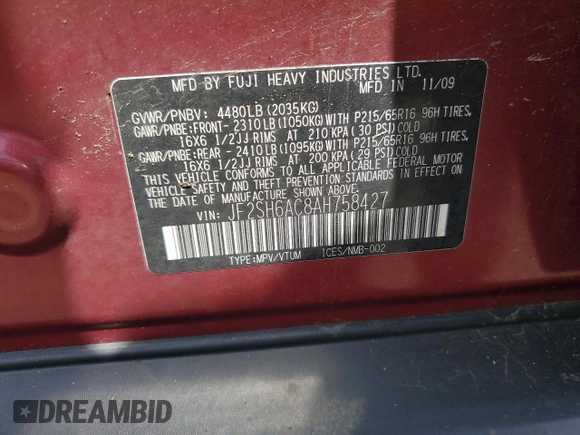 2010 Subaru Forester X with VIN JF2SH6AC8AH758427, listed as a Copart auction lot 65179725 with 109,087 mi miles and Clean title. Bid and sale history available at DreamBid. Image 13.