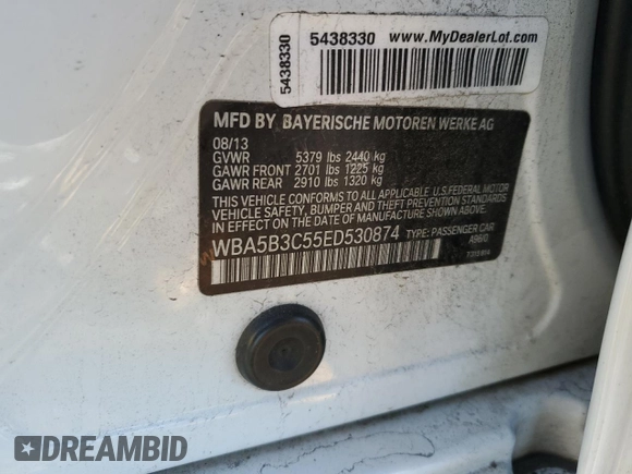 2014 BMW 5 Series 535i xDrive with VIN WBA5B3C55ED530874, listed as a Copart auction lot 86071814 with 95,007 mi miles and Salvage Title. Bid and sale history available at carsss.com. Image 12.